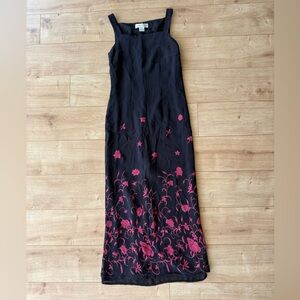 Vintage 90s Casual Corner Silk Maxi Dress Black Floral Print Slip Size 4